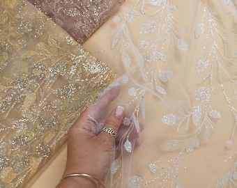 Shimmer Leaf Pattern Glitter Tulle with Branches, Soft Sparkle Floral Mesh Fabric for Bridal Dresses, Veils & Overlays | Sparkle Leaves