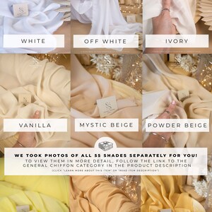 Pode incluir: Cartas de amostra que mostram 10 tons diferentes de tecido de chiffon. As cores s&atilde;o branco, branco quebrado, marfim, baunilha, bege m&iacute;stico, bege p&oacute;, amarelo suave, bege deserto e mel. O texto "Tiramos fotos de todos os 55 tons separadamente para voc&ecirc;! Para v&ecirc;-los com mais detalhes, siga o link para a categoria geral de chiffon na descri&ccedil;&atilde;o do produto (Clique em 'Saiba mais sobre este item' ou 'Leia a descri&ccedil;&atilde;o do item')" tamb&eacute;m est&aacute; inclu&iacute;do.