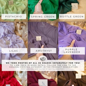 Pode incluir: Uma colagem de amostras de tecido em v&aacute;rias cores, incluindo pistache, verde primavera, verde garrafa, lil&aacute;s, ametista, lavanda p&uacute;rpura, vermelho escuro, vinho e marrom chocolate. O tecido &eacute; fino e leve, e as cores s&atilde;o vibrantes e ricas. O texto "WE TOOK PHOTOS OF ALL 55 SHADES SEPARATELY FOR YOU!" &eacute; exibido no centro da imagem.
