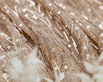 Champagne Pin Sequin Fabric by the Yard – Beaded Stretch Mesh with Metallic Pins for Bridal Dresses, Gowns & Couture Overlays