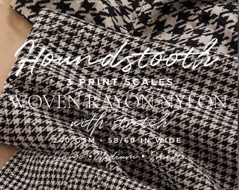 Black & White Houndstooth Woven Fabric Wholesale by Roll, Rayon Blend Stretch Fabric, 3 Print Scales, 240 GSM