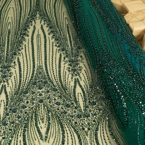 Emerald Green Lace with Sequins & Beads, Luxury Floral Beaded Tulle Fabric for Formal Gowns, Bridal Fashion,  Couture | Crystalia