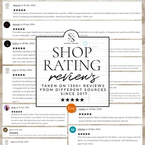 May include: A collage of customer reviews for a shop selling fabric online. The reviews are positive and highlight the quality of the fabric, the speed of shipping, and the helpfulness of the seller. The shop's name is Secret Spark and the tagline is "Shop Rating Reviews Taken on 1350+ Reviews from Different Sources Since 2017".