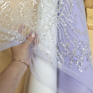 Lilac Floral & Geometric Sequin Tulle Lace, Sparkling Beaded Mesh Fabric by the Yard for Gowns, Dresses, Couture Projects | Lustria