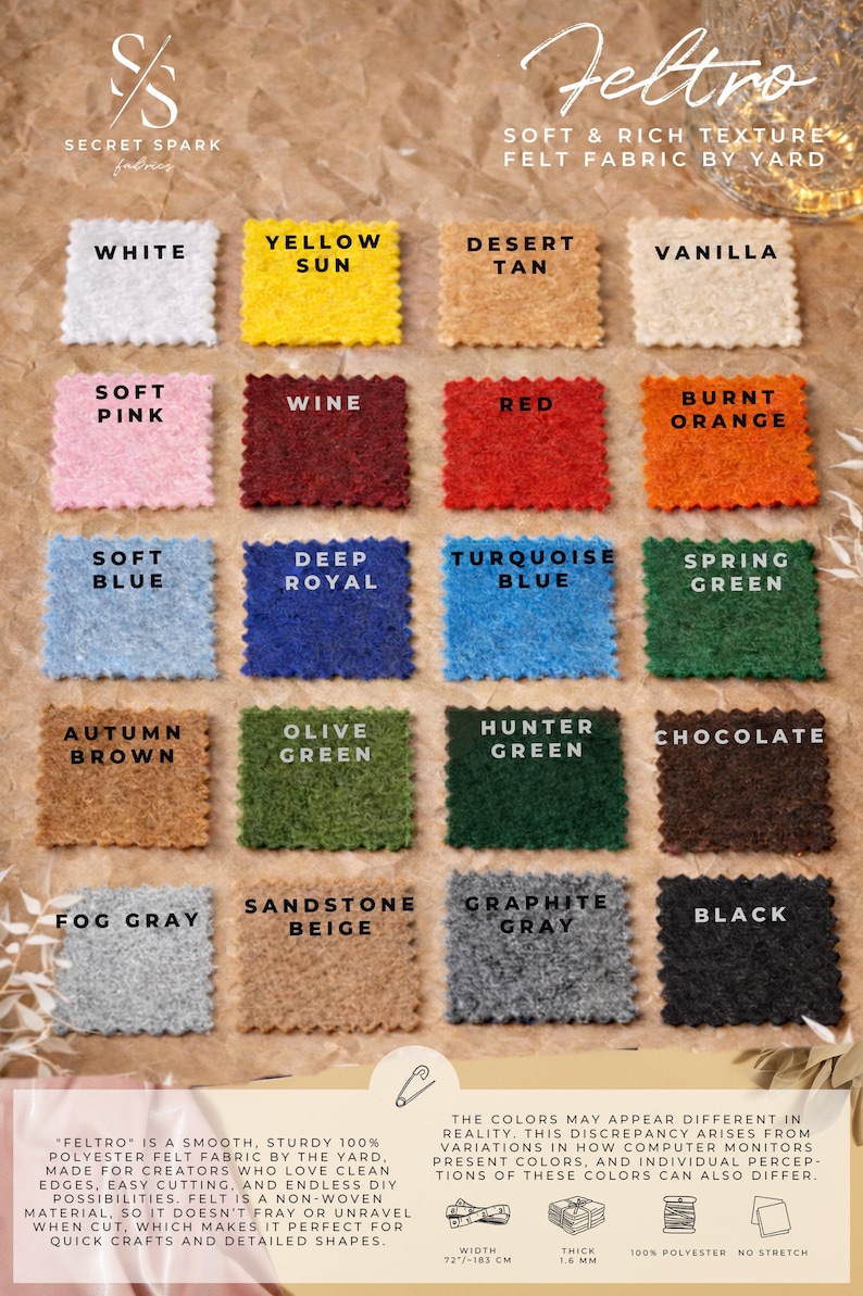 Color Raw Felt NEW! 20 Colors Wide Felt by the Yard, 1.6mm Craft Felt Fabric 72