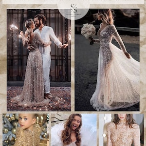 May include: A collage of four images showcasing DIY ideas using sparkly fabric. The first image shows a couple holding sparklers, both wearing sparkly dresses. The second image shows a woman in a white sparkly dress. The third image shows a young girl in a gold sparkly dress. The fourth image shows a woman in a gold sparkly dress.