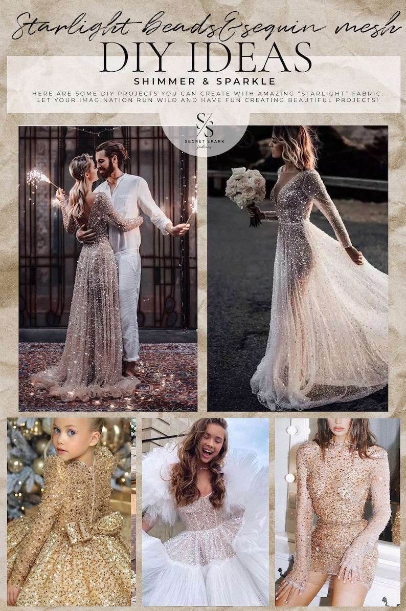May include: A collage of four images showcasing DIY ideas using sparkly fabric. The first image shows a couple holding sparklers, both wearing sparkly dresses. The second image shows a woman in a white sparkly dress. The third image shows a young girl in a gold sparkly dress. The fourth image shows a woman in a gold sparkly dress.