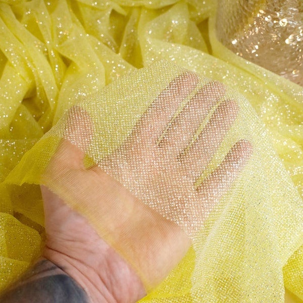 Yellow Splash Glitter Soft Tulle Fabric by the Yard For Sparkle Dresses/Decor/Backdrop, Yellow Sparkle Glitter Mesh  | "Illuminate" glitter
