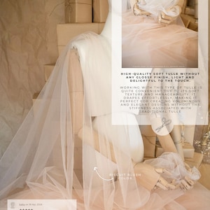 May include: Soft tulle fabric in biscuit blush color. The tulle is lightweight and drapes easily. The text reads "High-quality soft tulle without any glossy finish, light and delightful to the touch. Working with this type of tulle is quite convenient due to its soft texture and manageability, it drapes effortlessly, making it perfect for creating voluminous and elegant designs without the stiffness associated with traditional tulle."