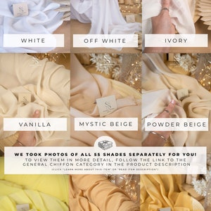 K&ouml;nnte beinhalten: Farbkarten mit 10 verschiedenen Schattierungen von Chiffon-Stoff. Die Farben sind Wei&szlig;, Creme, Elfenbein, Vanille, Mystik Beige, Puder Beige, Hellgelb, W&uuml;stensand und Honig. Der Text "Wir haben Fotos von allen 55 Farbt&ouml;nen separat f&uuml;r Sie gemacht! Um sie im Detail zu sehen, folgen Sie dem Link zur allgemeinen Chiffon-Kategorie in der Produktbeschreibung (Klicken Sie auf 'Mehr &uuml;ber diesen Artikel erfahren' oder 'Produktbeschreibung lesen')" ist ebenfalls enthalten.