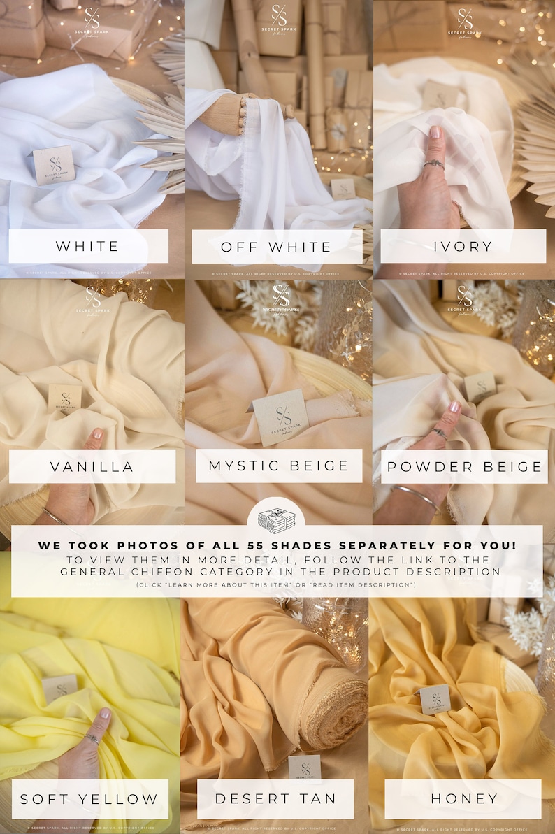 K&ouml;nnte beinhalten: Farbkarten mit 10 verschiedenen Schattierungen von Chiffon-Stoff. Die Farben sind Wei&szlig;, Creme, Elfenbein, Vanille, Mystik Beige, Puder Beige, Hellgelb, W&uuml;stensand und Honig. Der Text "Wir haben Fotos von allen 55 Farbt&ouml;nen separat f&uuml;r Sie gemacht! Um sie im Detail zu sehen, folgen Sie dem Link zur allgemeinen Chiffon-Kategorie in der Produktbeschreibung (Klicken Sie auf 'Mehr &uuml;ber diesen Artikel erfahren' oder 'Produktbeschreibung lesen')" ist ebenfalls enthalten.