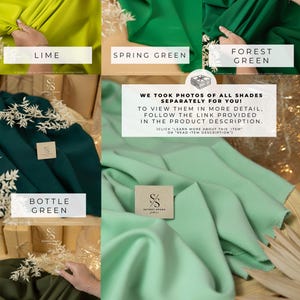 May include: A collection of fabric swatches in various shades of green, including lime, spring green, forest green, bottle green, very dark olive, and misty green. The swatches are displayed on a wooden surface with a small tag that reads "Secret Spark"