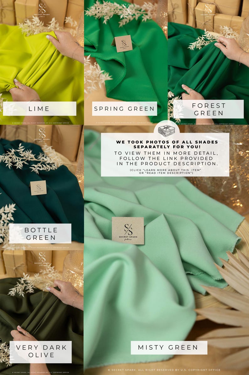May include: A collection of fabric swatches in various shades of green, including lime, spring green, forest green, bottle green, very dark olive, and misty green. The swatches are displayed on a wooden surface with a small tag that reads "Secret Spark"