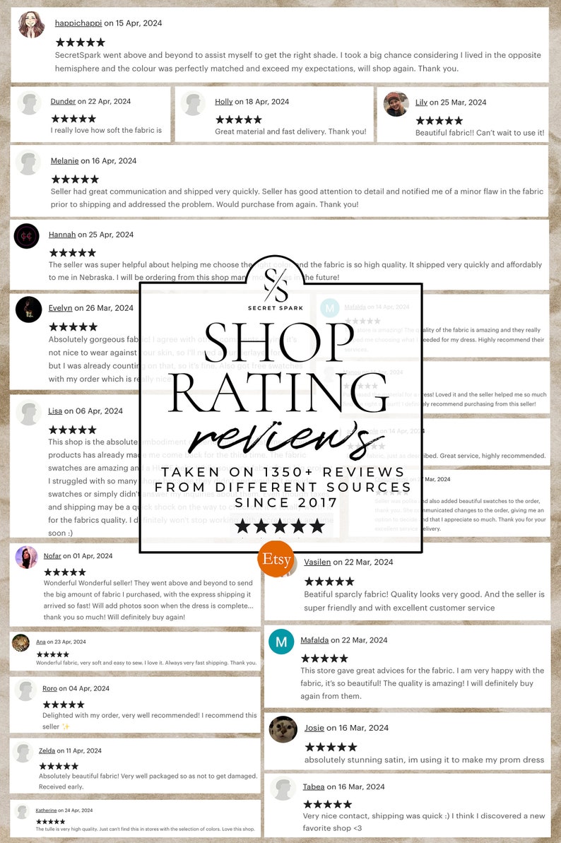 May include: A collage of customer reviews for a shop selling fabric online. The reviews are positive and highlight the quality of the fabric, the speed of shipping, and the helpfulness of the seller. The shop's name is Secret Spark and the tagline is "Shop Rating Reviews Taken on 1350+ Reviews from Different Sources Since 2017".