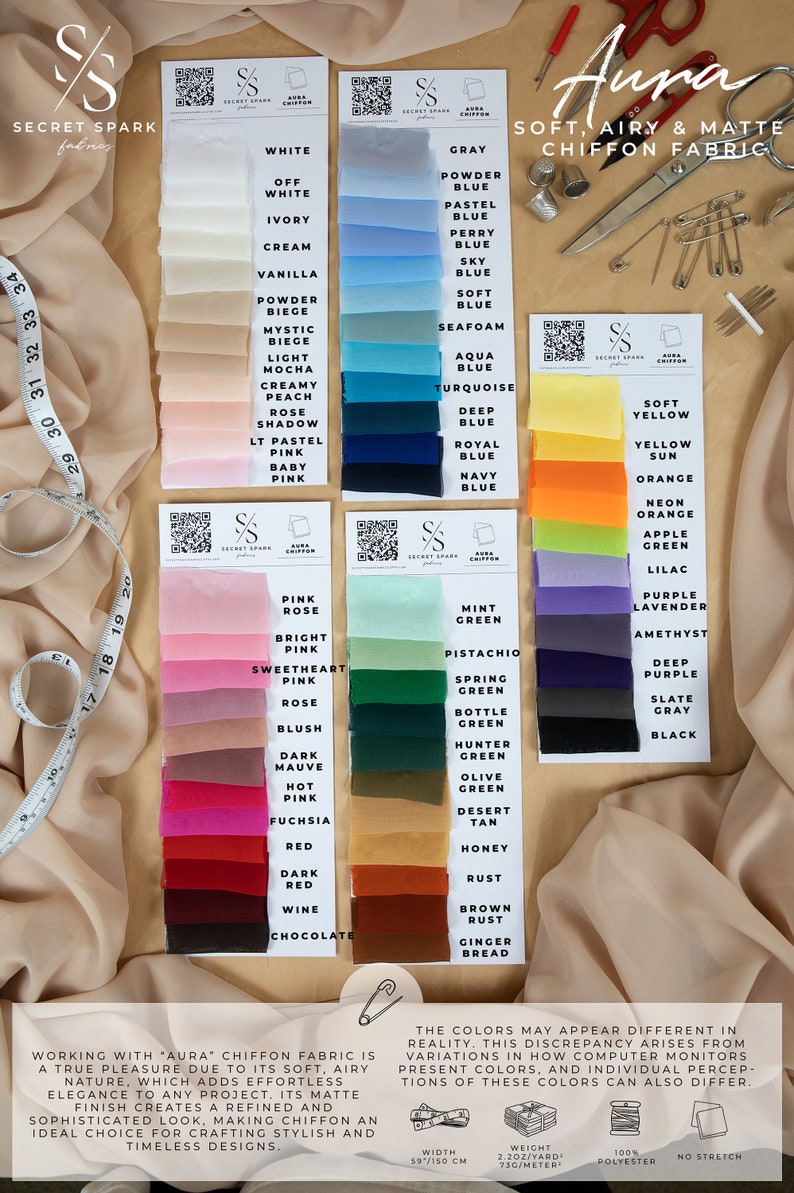 K&ouml;nnte beinhalten: Eine Farbkarte mit Stoffproben aus 100 % Polyester-Chiffon in verschiedenen Farben, darunter Wei&szlig;, Grau, Blau, Gelb, Gr&uuml;n, Rosa, Rot, Braun und Schwarz. Der Stoff wird als weich, luftig und matt beschrieben. Der Text "Aura Soft, Airy & Matte Chiffon Fabric" ist oben auf der Karte abgebildet.