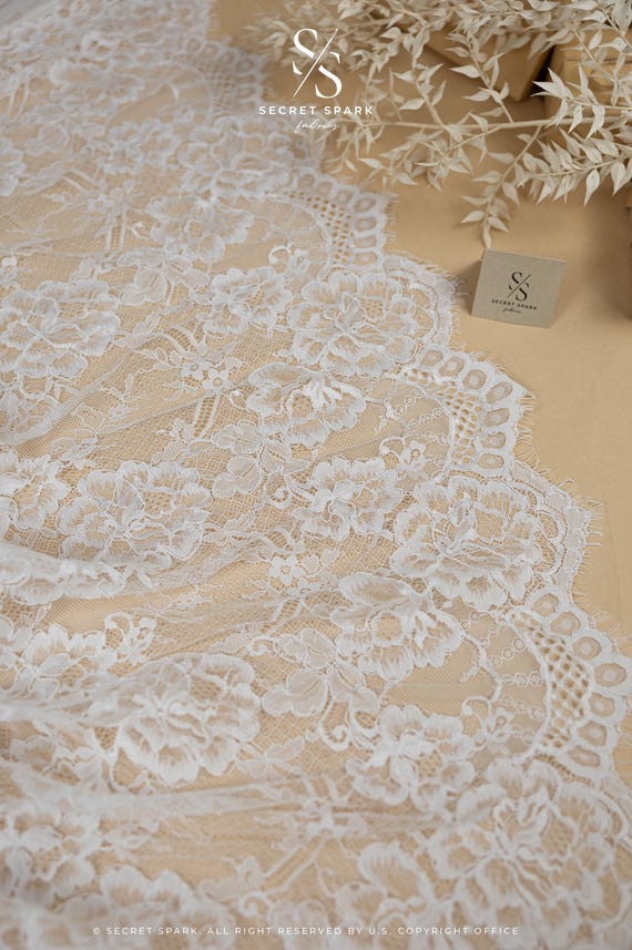 Wide Chantilly French Lace with Cord, Eyelash Edge - Premium Corded Floral Lace Fabric for Bridal Gowns, Veil, Lingerie & Sleeves | Rosaleen