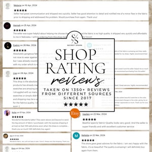 May include: A collage of customer reviews for a shop selling fabric online. The reviews are positive and highlight the quality of the fabric, the speed of shipping, and the helpfulness of the seller. The shop's name is Secret Spark and the tagline is "Shop Rating Reviews Taken on 1350+ Reviews from Different Sources Since 2017".