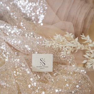 Tul de novia con cuentas cristalinas y lentejuelas en color beige místico, tela de encaje de tul con cuentas gruesas en color nude pastel para vestido de novia, exclusivo - Mysteria