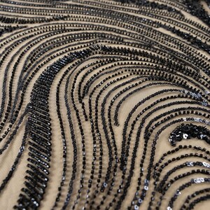 Black Crystal Lines Lace Fabric, Abstract Wave Sequin & Bead Mesh, Art Deco Couture Overlay for Prom, Pageant, Evening Gowns | Crystal Lines