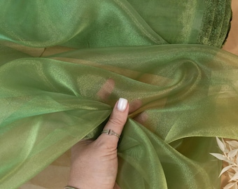 Leaf Green Crystal Sheer Organza Fabric by the Yard, See Through Shiny Fabric for Wedding Gowns, Apparel, Decor, Chair Sashes DIY | Glimmer