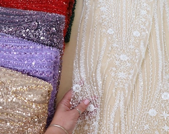 Beaded Tulle Lace Fabric – Floral Embroidery with Sequins & Pearls, Sequin Floral Bridal Mesh for Dresses, Veils, Couture Gown | Crystalia