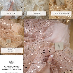 May include: Close-up of five different colors of sparkly tulle fabric. The colors are white, ivory, champagne, rose gold, and rose shadow. The fabric is made of a sheer mesh with small sequins scattered throughout. The text "WE TOOK PHOTOS OF ALL SHADES SEPARATELY FOR YOU!" is printed on the image.