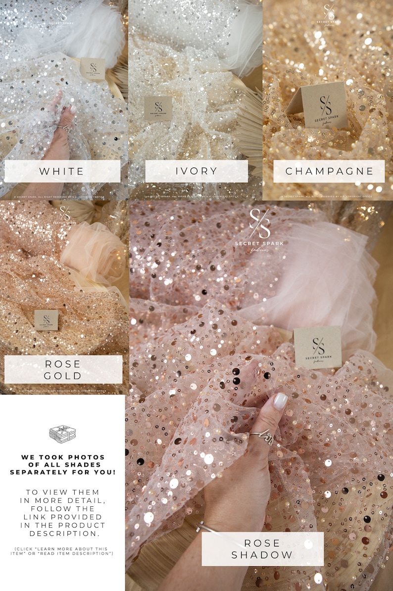 May include: Close-up of five different colors of sparkly tulle fabric. The colors are white, ivory, champagne, rose gold, and rose shadow. The fabric is made of a sheer mesh with small sequins scattered throughout. The text "WE TOOK PHOTOS OF ALL SHADES SEPARATELY FOR YOU!" is printed on the image.