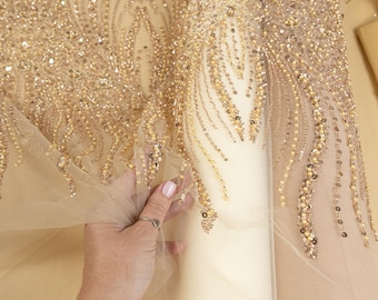 Champagne Beaded Lace Mesh for Wedding Gowns, Floral Sequin Tulle Fabric for Bridal Veils, Dressmaking & Accessories | Crystalia