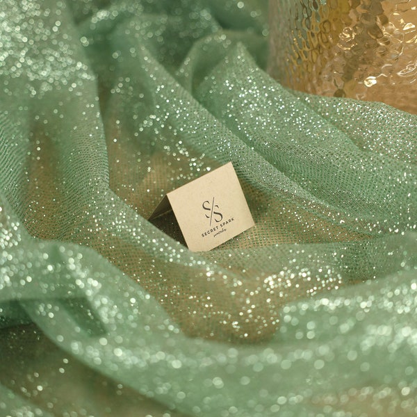 Misty Green Glitter Soft Tulle Fabric by the Yard For Sparkle Dresses/Decor/Backdrop, Sparkle Glitter Mesh  | "Illuminate" glitter