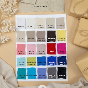 May include: A color swatch chart displaying twenty-five fabric samples in various shades including white, ivory, sand, linen, stone, oat, taupe, brown, yellow, coral, pink, blush, red, blue, green, teal, turquoise, periwinkle, gray, and black.