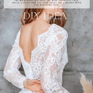 May include: White lace bridal bodysuit with long sleeves and a low back. The main body features wide Chantilly lace, while sleeves and edges are finished with matching trim. The text "DIY IDEA" is visible.