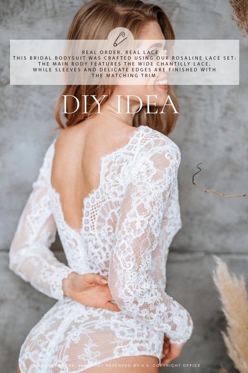 May include: White lace bridal bodysuit with long sleeves and a low back. The main body features wide Chantilly lace, while sleeves and edges are finished with matching trim. The text "DIY IDEA" is visible.