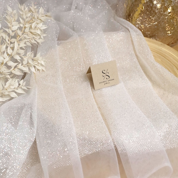 White Bridal Soft Glitter Mesh Fabric by the Yard For Sparkling Dresses, High Quality Shimmering Sparkle Mesh  | "Illuminate" White