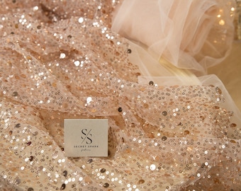 Starlight - Rose Gold Beads Pearls Sequins Lace Fabric, Heavy Sequin on Mesh Fabric By The Yard for Woman, Prom Dress, Kids Clothes, Decor