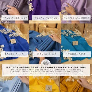May include: A collage of fabric swatches in various shades of blue, purple, and yellow. The swatches are arranged in a grid pattern and labeled with their corresponding color names. The text "WE TOOK PHOTOS OF ALL 55 SHADES SEPARATELY FOR YOU!" is displayed at the bottom of the image.