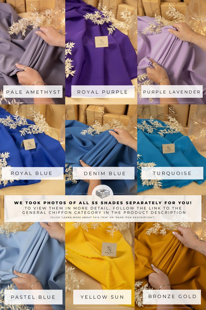 May include: A collage of fabric swatches in various shades of blue, purple, and yellow. The swatches are arranged in a grid pattern and labeled with their corresponding color names. The text "WE TOOK PHOTOS OF ALL 55 SHADES SEPARATELY FOR YOU!" is displayed at the bottom of the image.