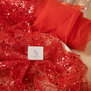 Starlight - Red Beads Pearls Sequin Lace Fabric, Quality Heavy Sequin on Mesh Fabric By The Yard for Woman, Prom Dress, Kids Clothes, Decor