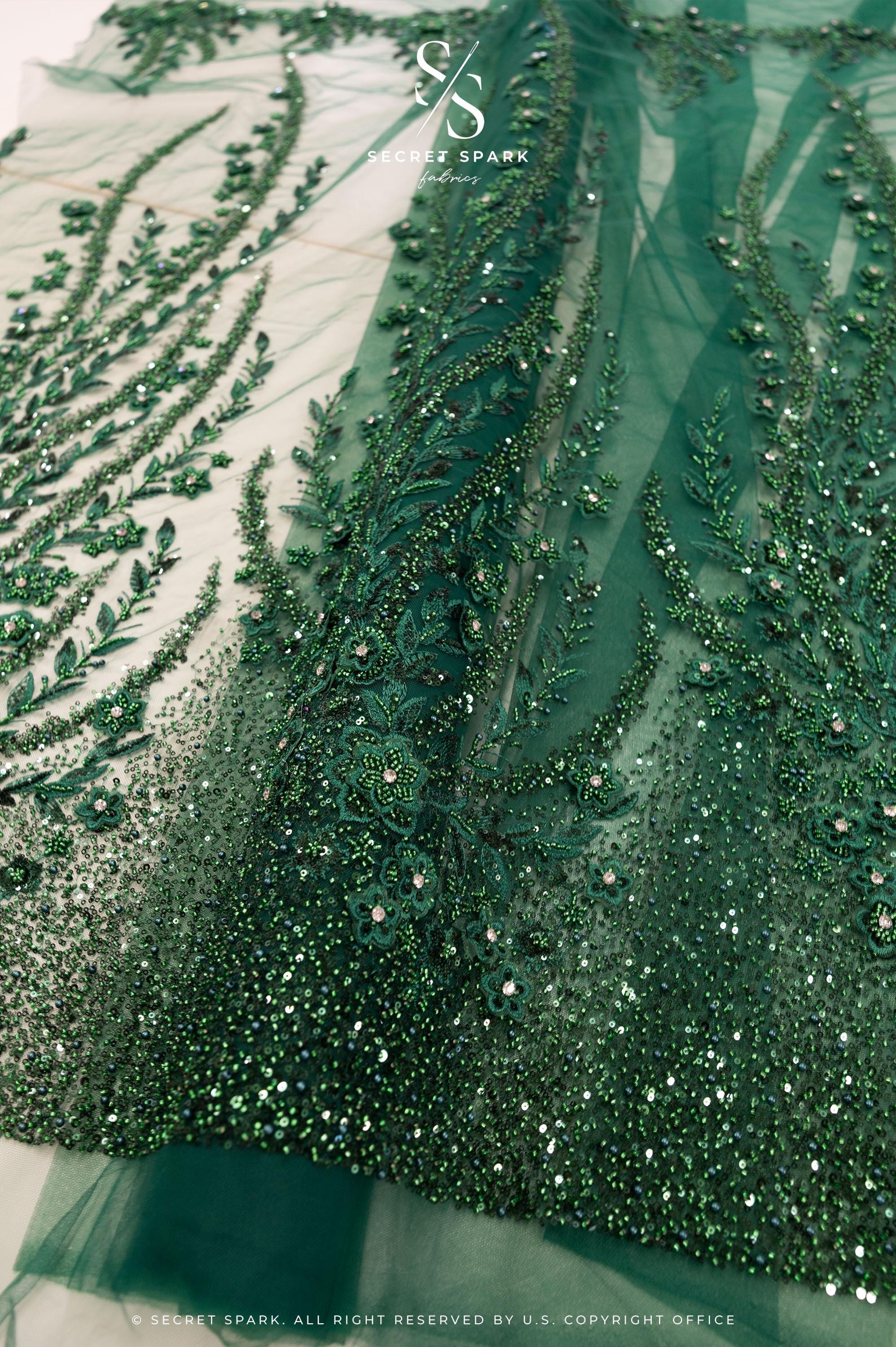 Buy Majestique - Emerald Green Lace Fabric by the Yard, Jewel Tone Beaded Mesh for Evening Gown, Formal Dress and Pageant Look Online in India