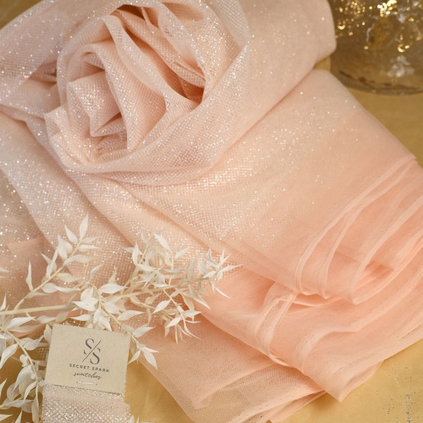 Pastel Peach Glitter Soft Fabric by the Yard For Dresses and Sparkle Decor, High Quality Sparkle Glitter Tulle  | "Illuminate" glitter