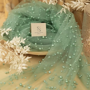 Sage Green Regular Extra Beaded Pearl Tulle for Dresses, Accessories & Decor, Soft Mesh with Pearls in Two Sizes by the Yard | Ariel