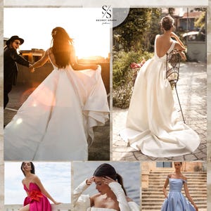 May include: A collage of four images showcasing different styles of dresses made with "Royal" Mikado matte stretch satin fabric. The text "DIY IDEAS" and "PERFECT FABRIC FOR WEDDING DRESSES & DENSE OUTFITS" is displayed at the top of the collage. The text "SECRET SPARK" is displayed at the bottom of the collage.
