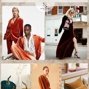 May include: DIY ideas using stretch plush velour fabric. The image shows a variety of projects including a red velvet blazer, a burgundy velvet dress, a gold velvet dress, and velvet pumpkins. The text in the image reads "Rich premium stretch Velvet DIY IDEAS Stretch plush velour material for robes, dresses, home decor & sewing Here are some DIY projects you can create with amazing "rich" velvet. Let your imagination run wild and have fun creating beautiful projects! Secret Spark"