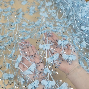 Soft Blue 3D Floral Lace with Sequins & Chiffon Flowers – Tulle for Christening Gowns, Fairy Wings, Doll Clothes, Babywear | Secret Garden