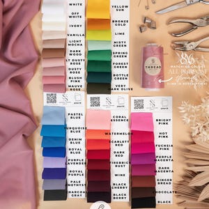 May include: A color chart of 86 different colors of stretch crepe fabric, labeled with names like "White", "Yellow Sun", "Pastel Blue", "Coral Essence", and "Black Berry". The fabric is described as "Grace crepe stretch body sculpting twill fabric".