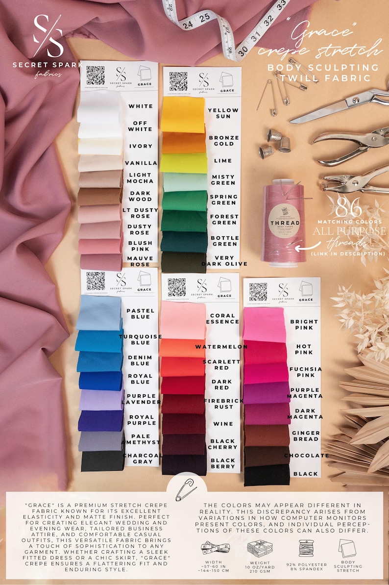 May include: A color chart of 86 different colors of stretch crepe fabric, labeled with names like "White", "Yellow Sun", "Pastel Blue", "Coral Essence", and "Black Berry". The fabric is described as "Grace crepe stretch body sculpting twill fabric".
