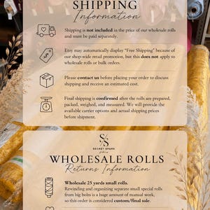 May include: An informational graphic with a beige background featuring the Secret Spark Fabrics logo. It outlines shipping and wholesale return policies, including text about shipping costs, order contact requirements, and final sale terms for 25-yard rolls.