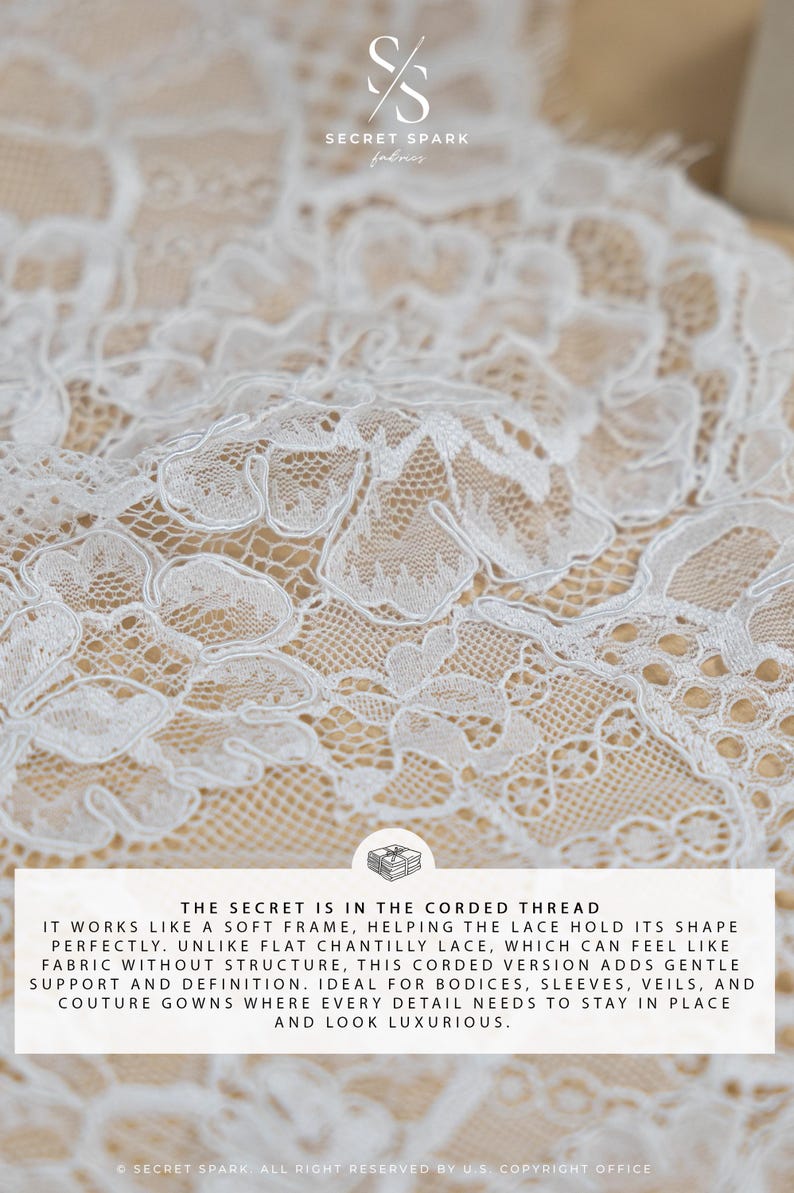 May include: Close-up of white lace fabric with a floral pattern. The fabric has a delicate, textured appearance, with the words "SECRET SPARK fabrics" in the upper left corner. The text "THE SECRET IS IN THE CORDED THREAD" is also visible.