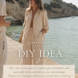 May include: A beige two-piece set consisting of an oversized blazer and wide-leg trousers made from a textured fabric. The text on the image reads SECRET SPARK fabrics DIY IDEA. The set features a relaxed fit with long sleeves and a drawstring waist.