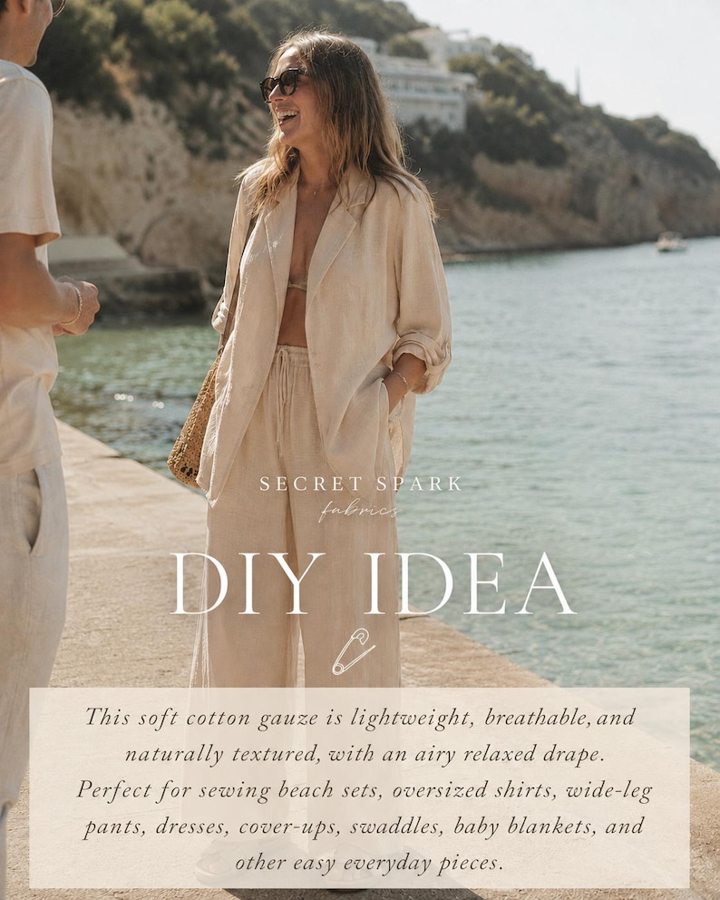 May include: A beige two-piece set consisting of an oversized blazer and wide-leg trousers made from a textured fabric. The text on the image reads SECRET SPARK fabrics DIY IDEA. The set features a relaxed fit with long sleeves and a drawstring waist.