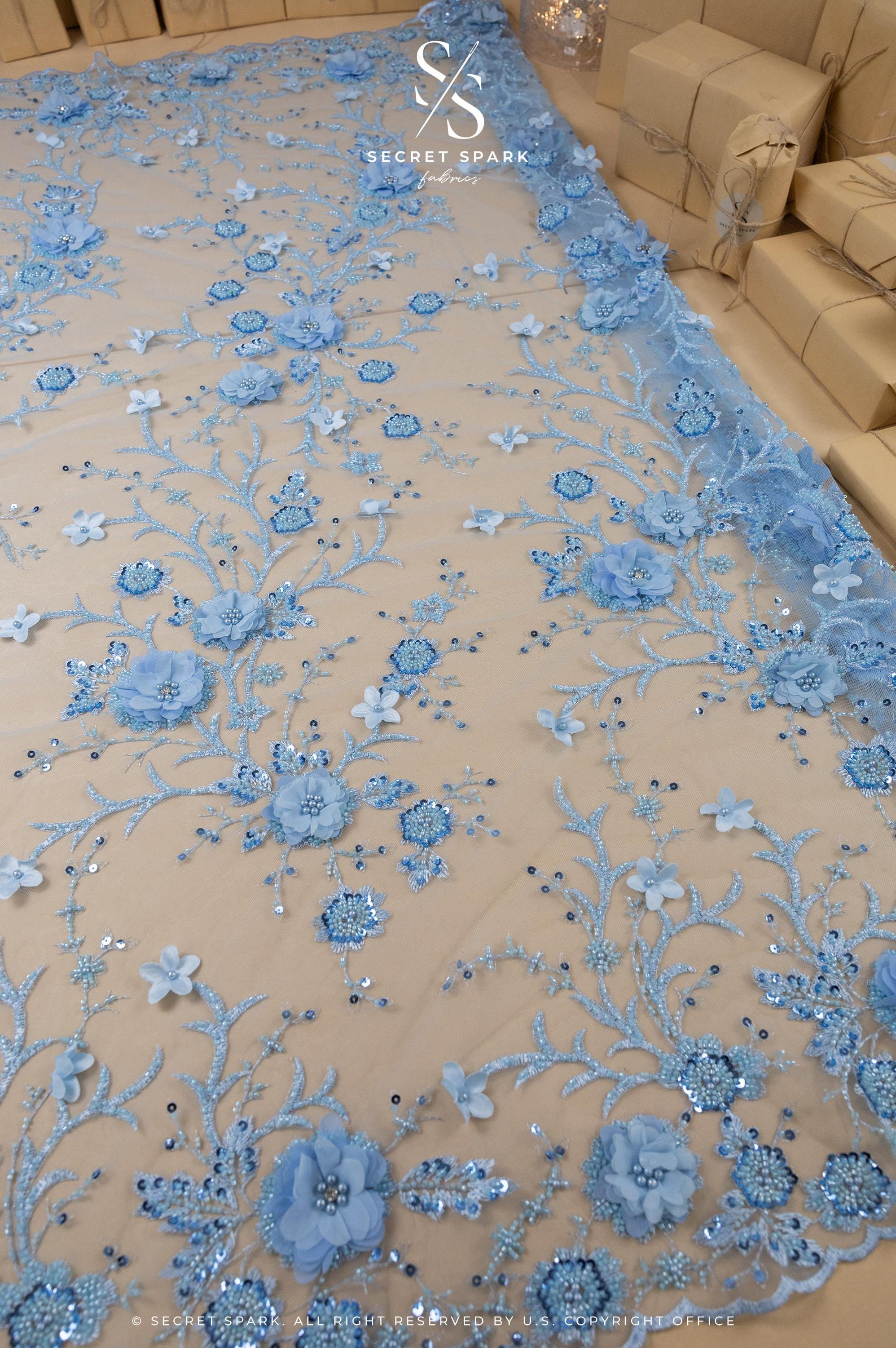 Baby Blue 3D Flower Lace Fabric by the Yard, Embellished Tulle Pearls ...